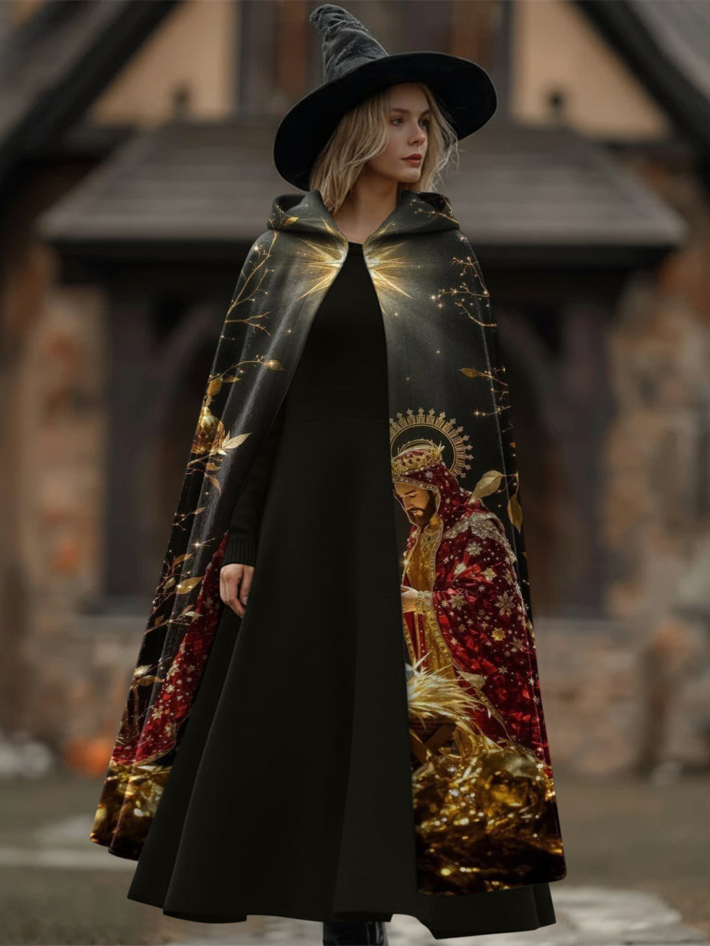 Religious Print Hooded Long Cape