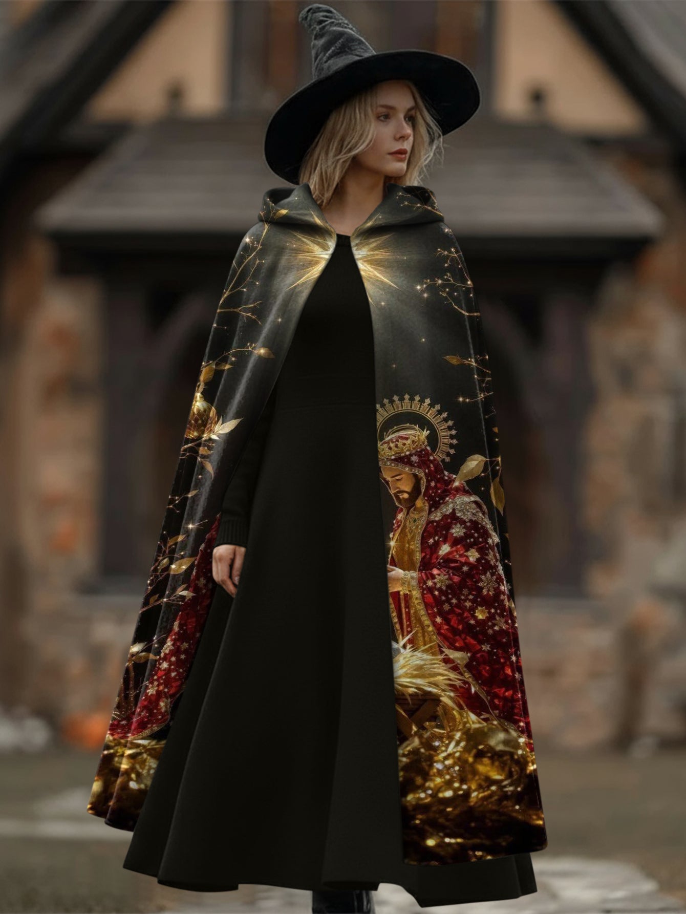 Religious Print Hooded Long Cape