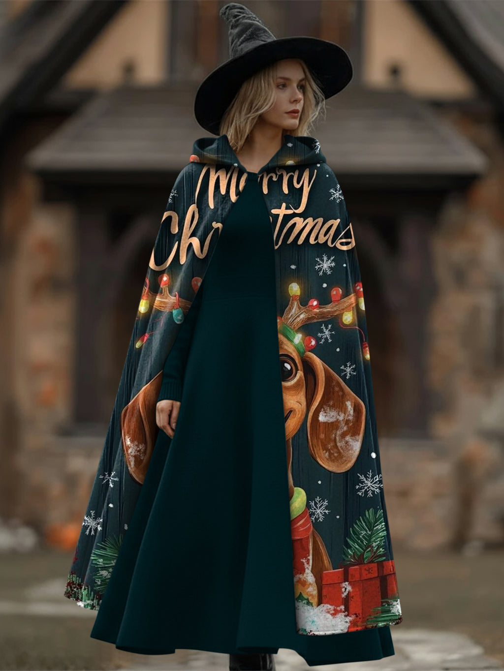 Christmas Puppy Print Hooded Cape