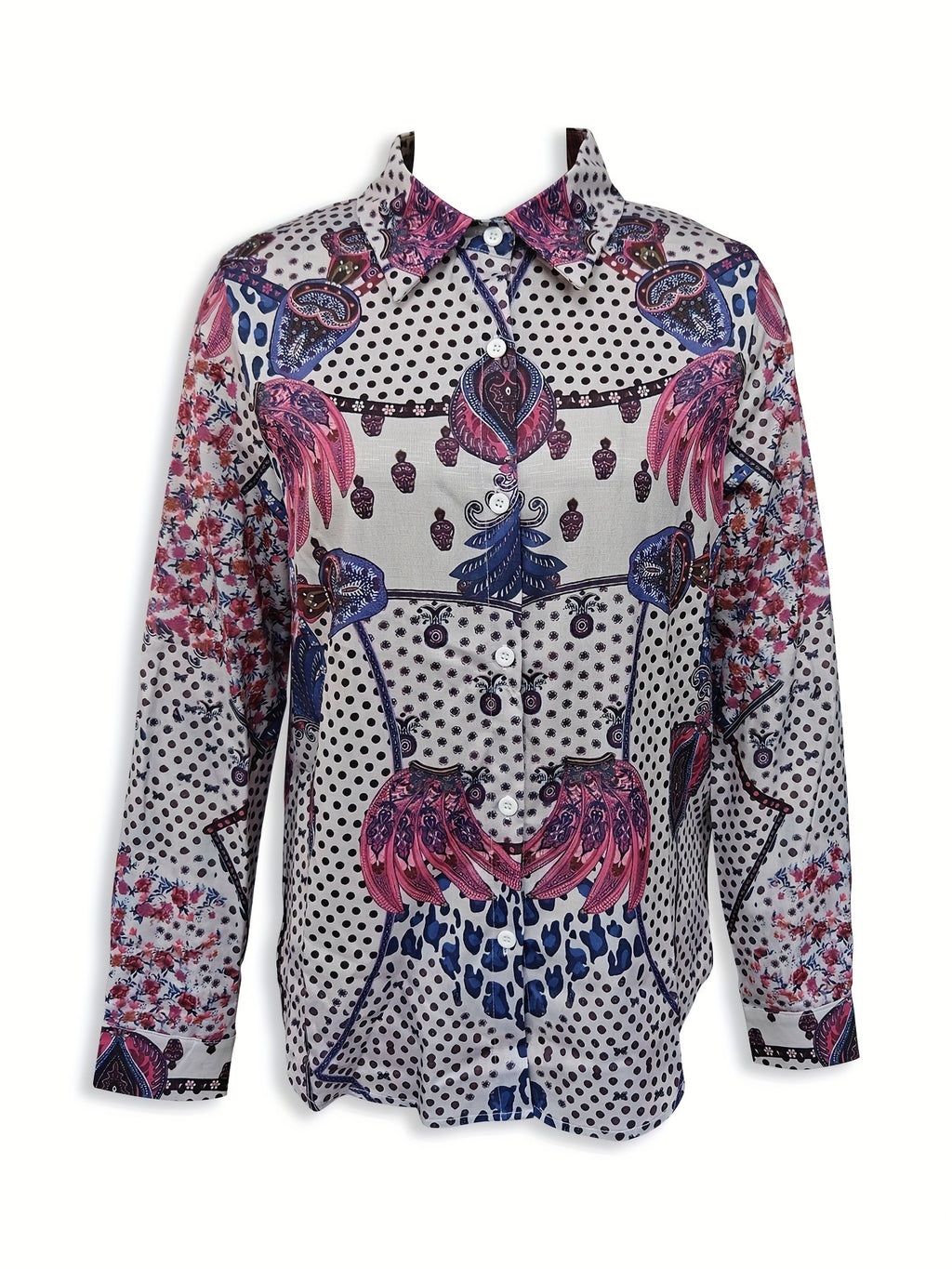 Women's blouse with a long sleeve roll-neck floral pattern with a fun print of buttons Random shipment