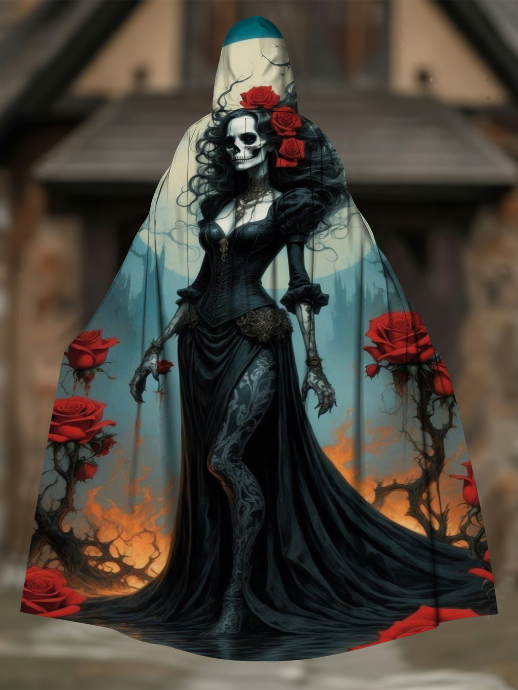 Skull Rose Girl Print Hooded Cape Cloak