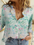 Elegantly printed lapel long-sleeved floral button shirt Random shipment
