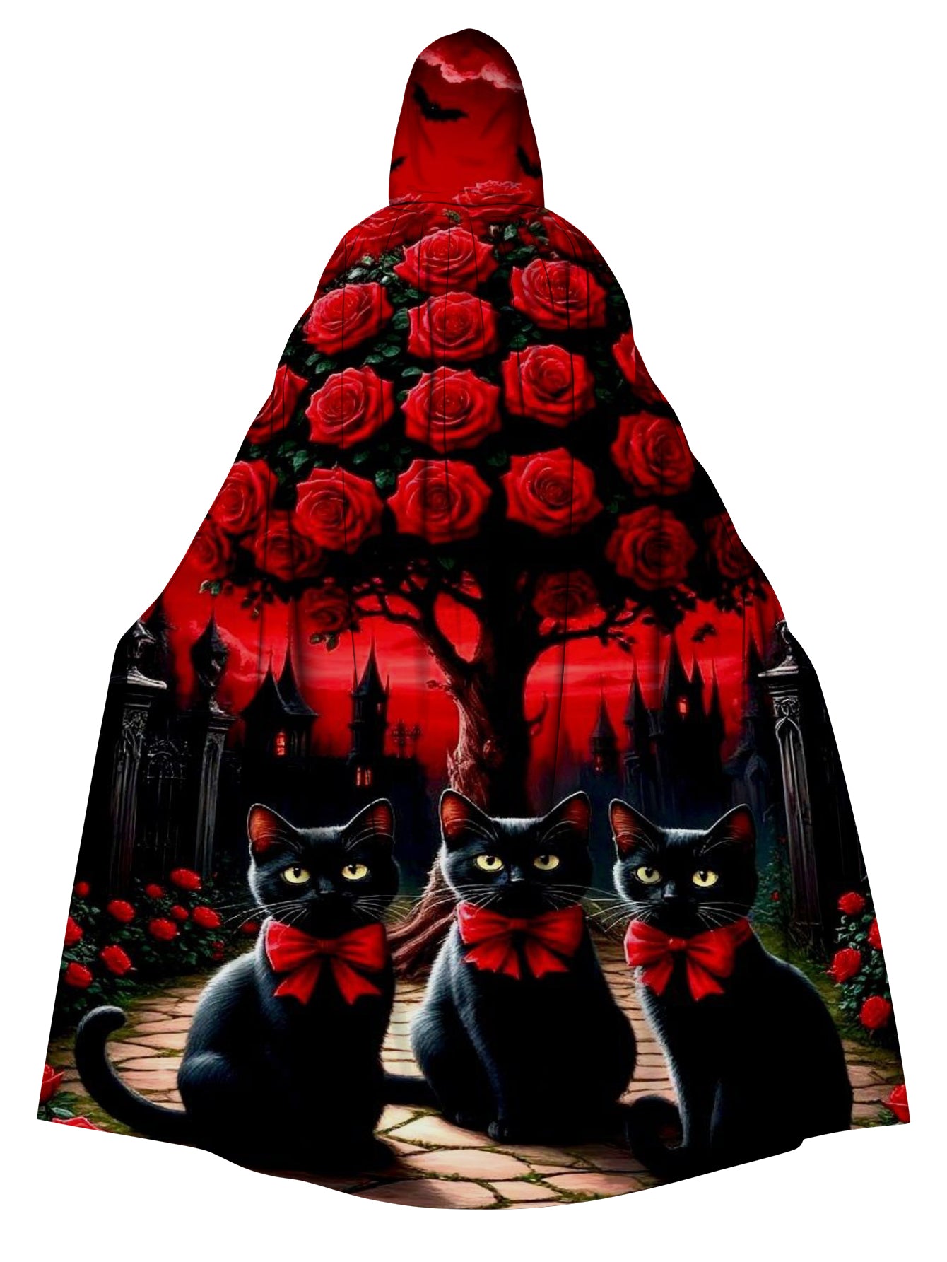 Cat and floral print hooded cloak