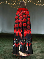 Cat and floral print hooded cloak