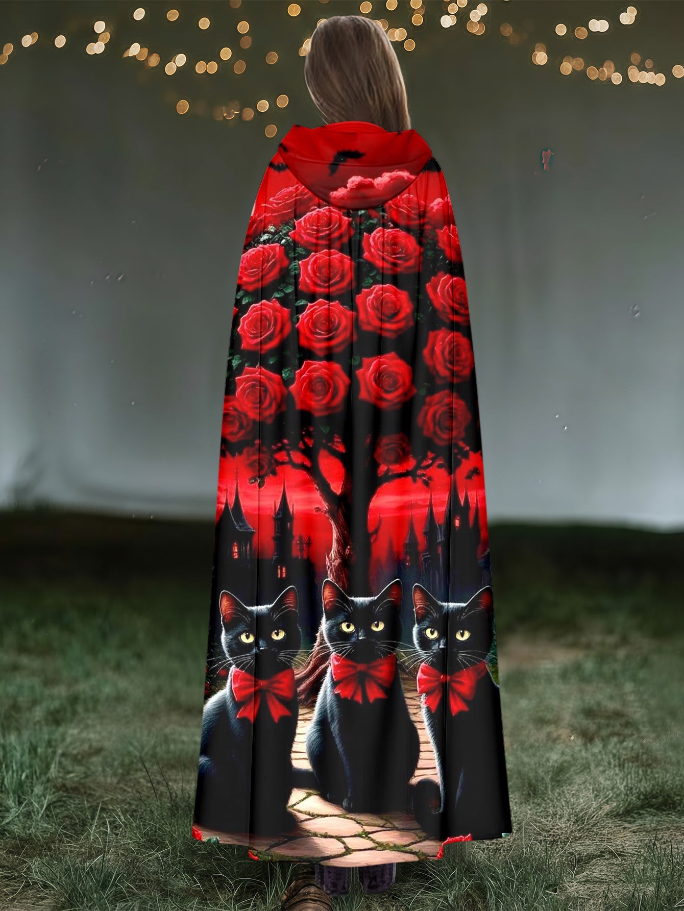 Cat and floral print hooded cloak
