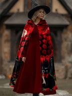 Cat and floral print hooded cloak