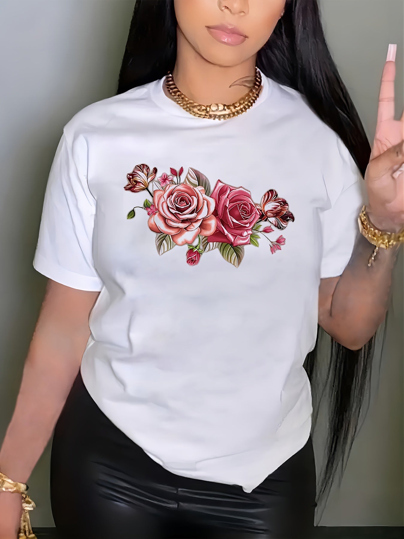 Tropical Rose Flower Summer Short Sleeve Vacation Leisure Print Plus Size T-Shirt Random shipment