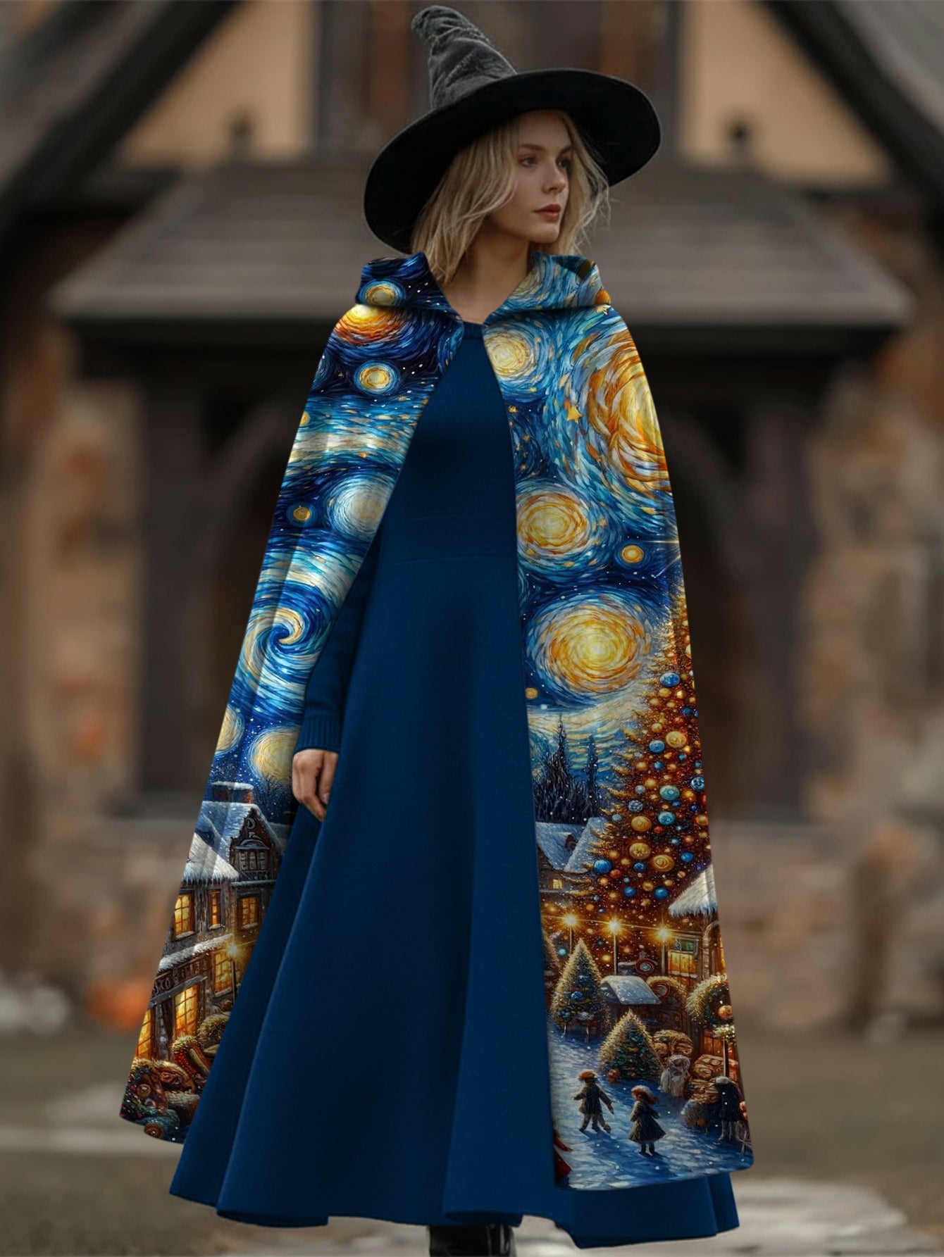 Elegan Hooded Starry Sky Print Cape