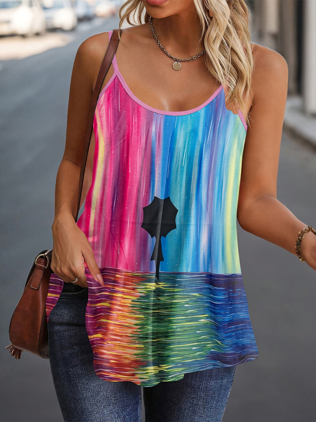 Leisure color block spliced printed round neck vest Random shipment