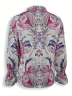 A loose, flower-patterned, long-sleeved, ruffled, elegant printed shirt