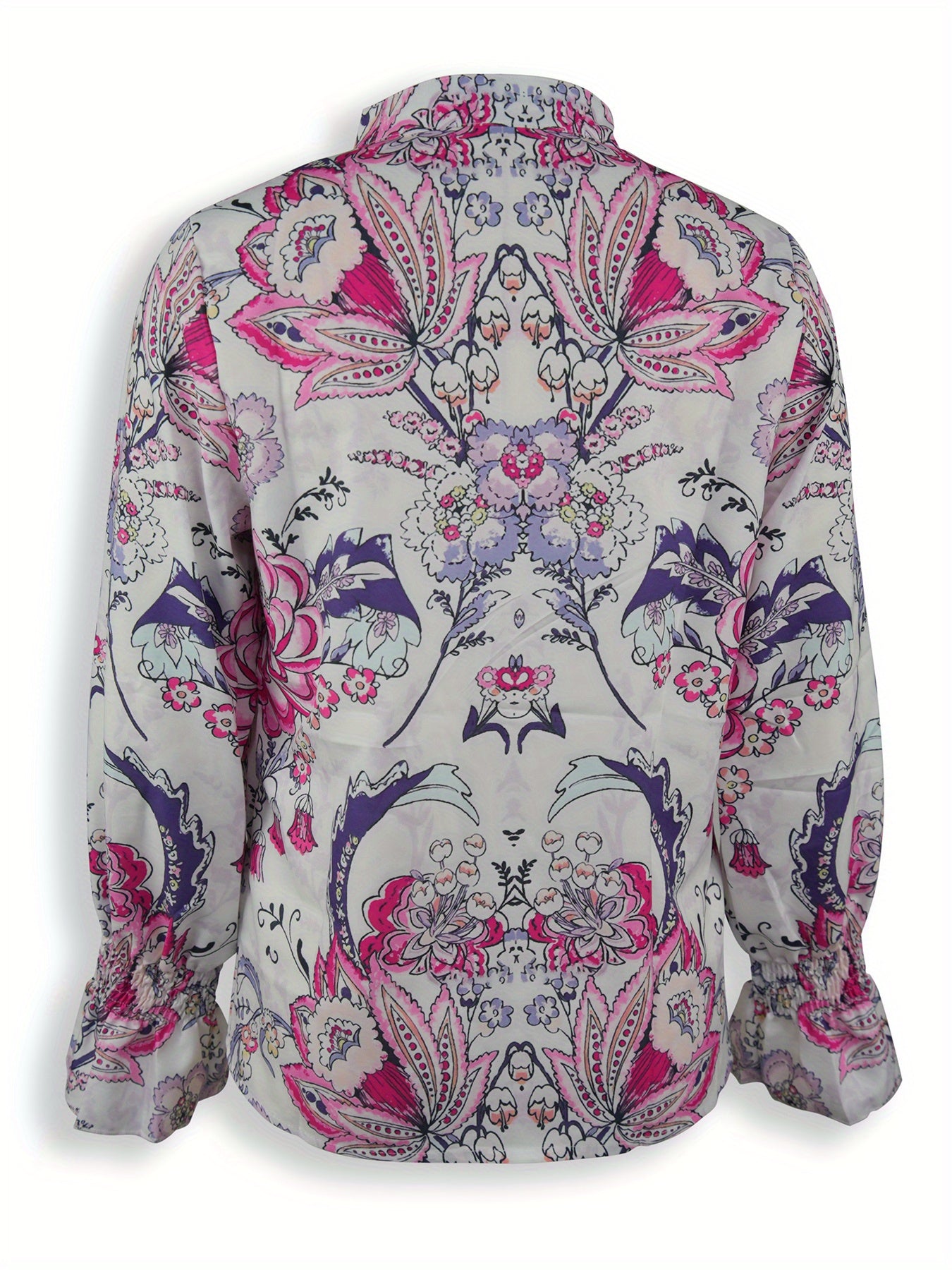A loose, flower-patterned, long-sleeved, ruffled, elegant printed shirt