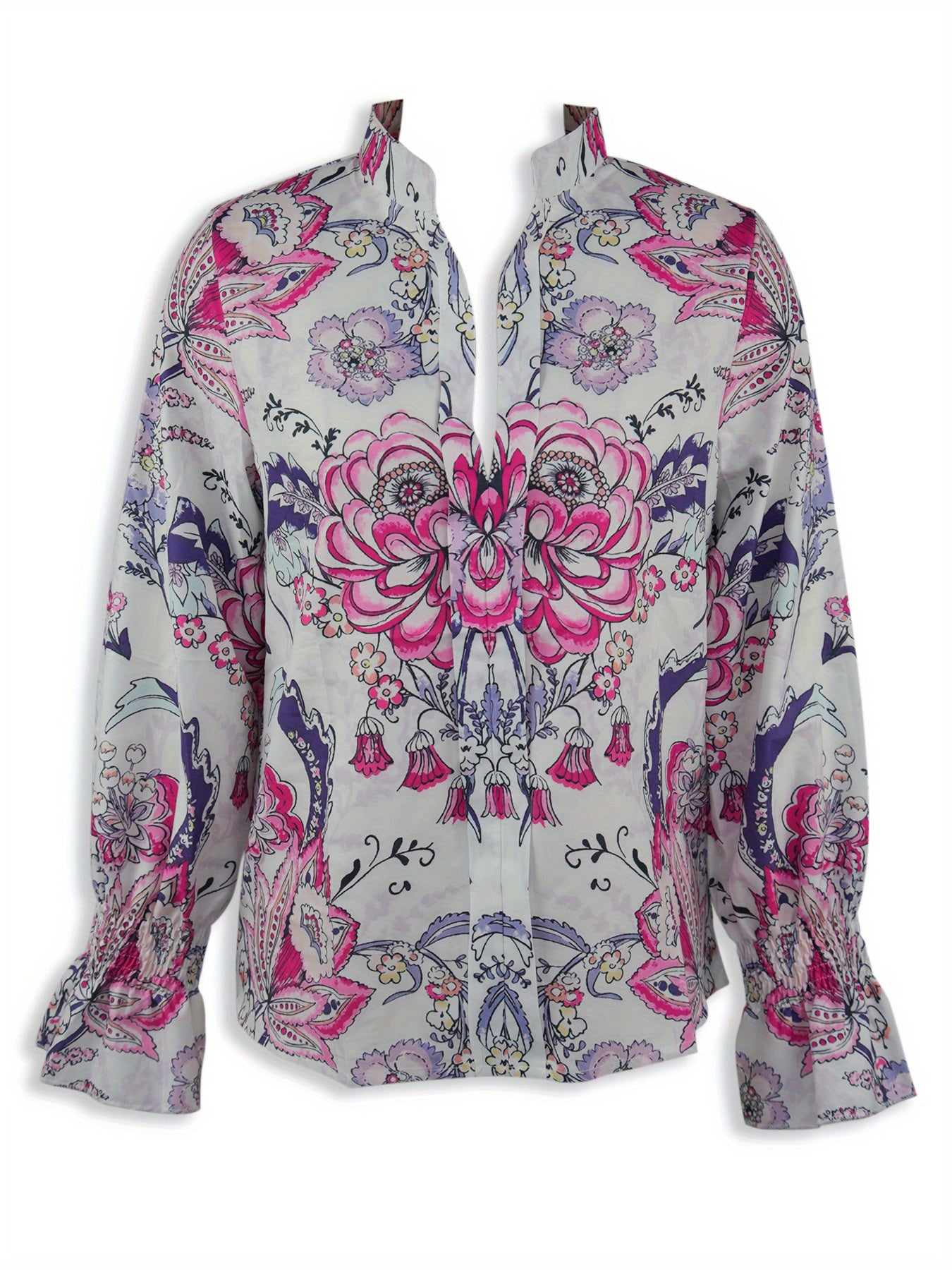 A loose, flower-patterned, long-sleeved, ruffled, elegant printed shirt