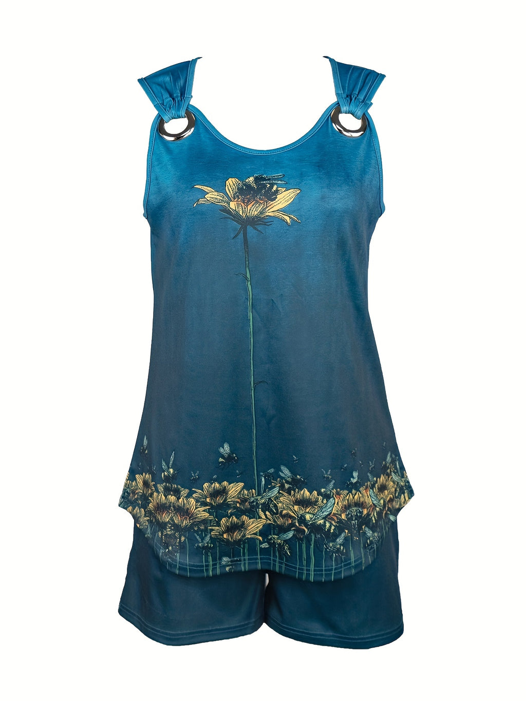 V-neck floral print vest casual shorts set Random shipment