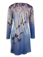 Gradient color butterfly print waist-cinching A-line round-neck long-sleeved dress Random shipment