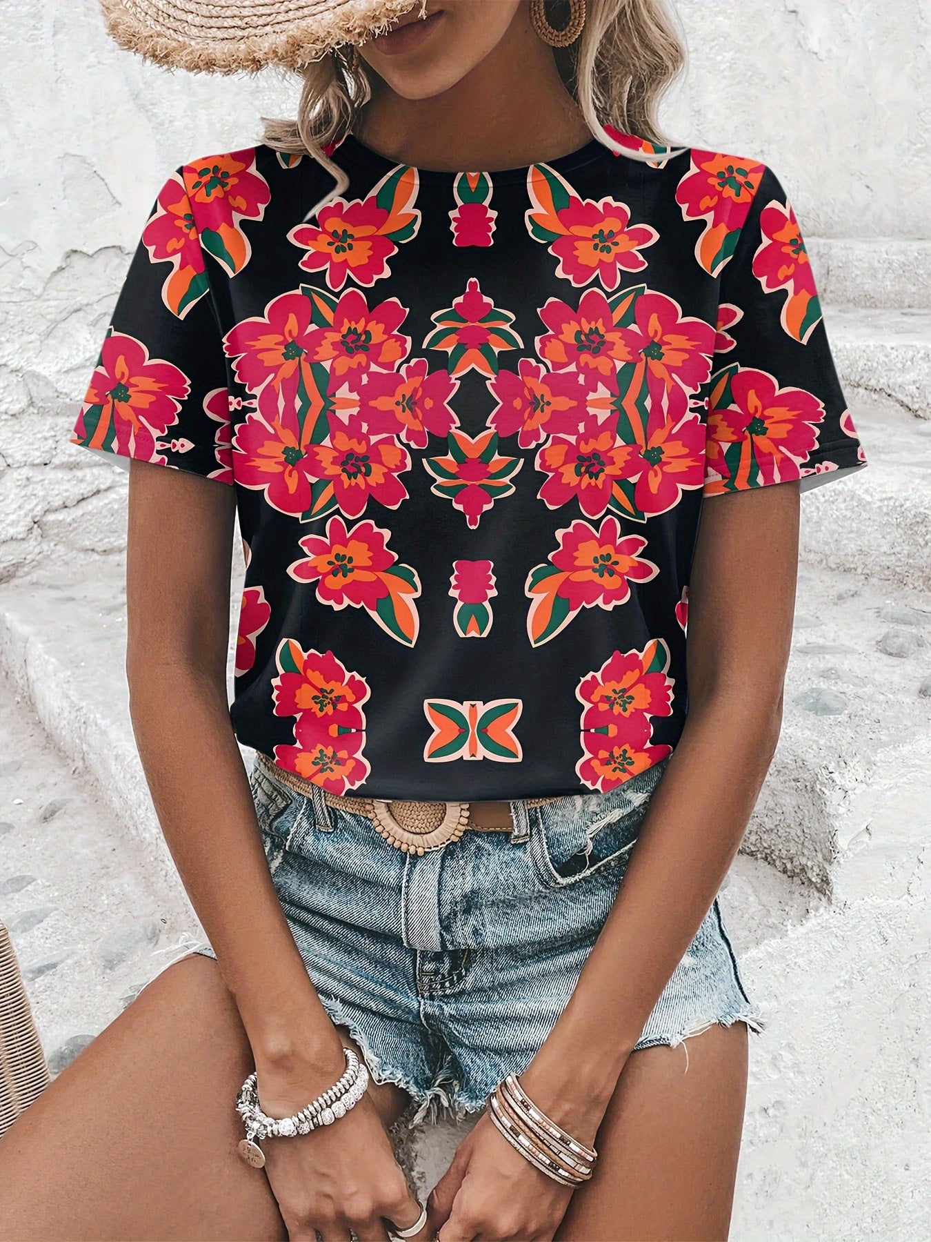 Floral print round neck short sleeve loose oversized T-shirt Random shipment