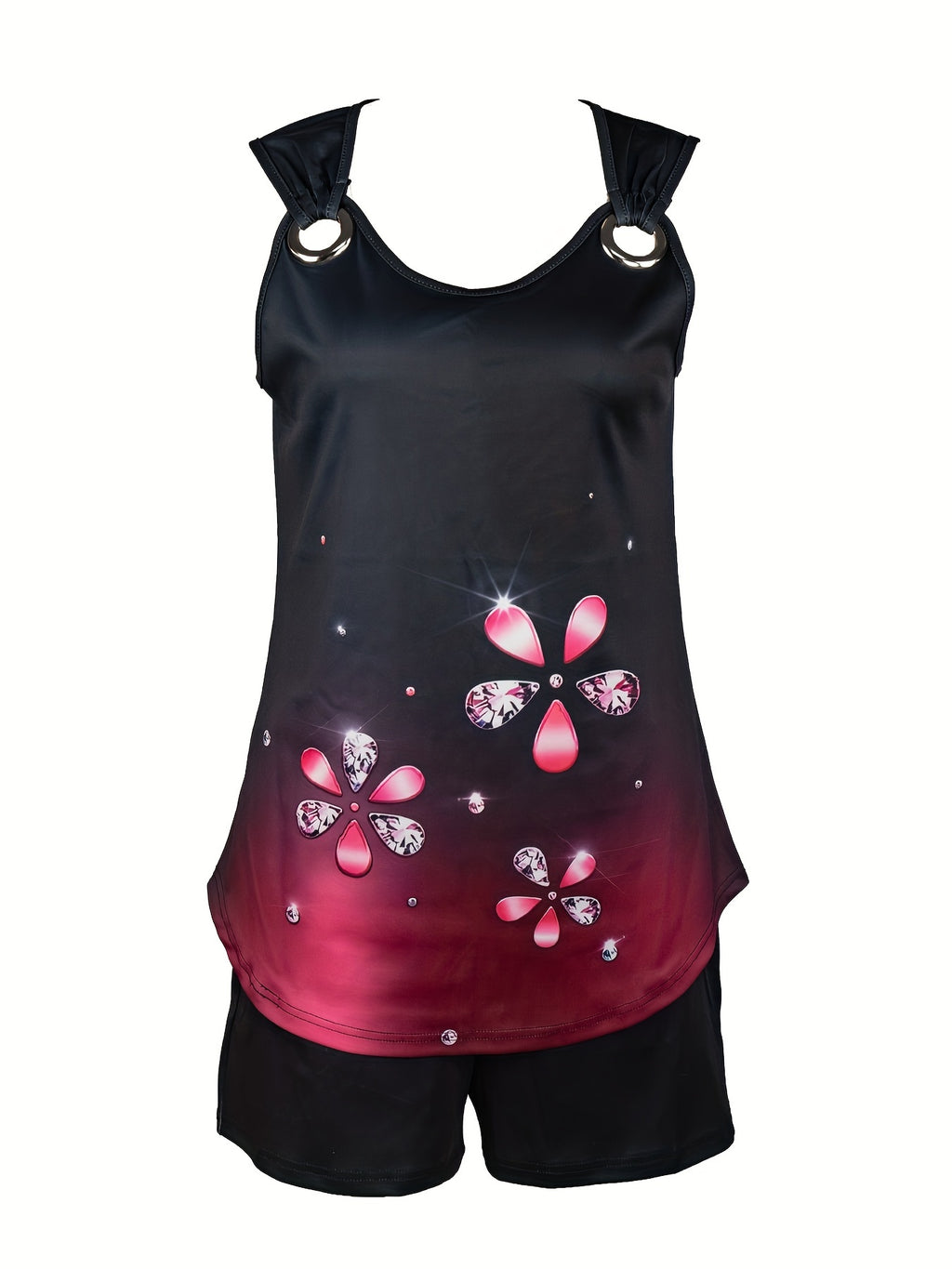 V-neck floral print vest and casual color-blocking shorts set Random shipment