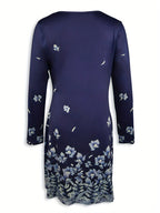 Printed waist-cinching A-line round neck floral print contrasting color long-sleeved dress Random shipment