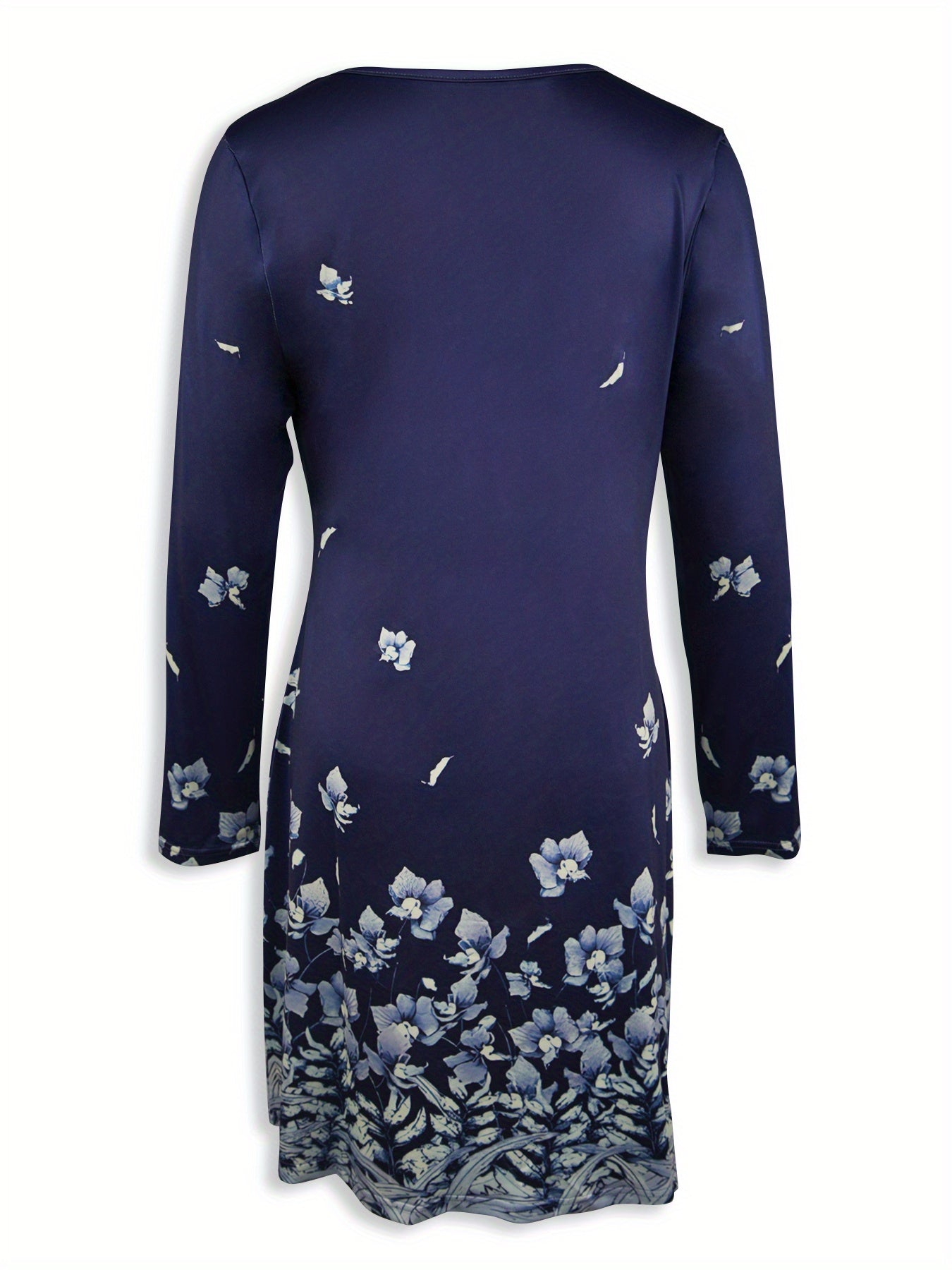 Printed waist-cinching A-line round neck floral print contrasting color long-sleeved dress Random shipment