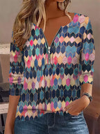 Long-sleeved geometric print zip-up contrasting half-cardigan T-shirt Random shipment