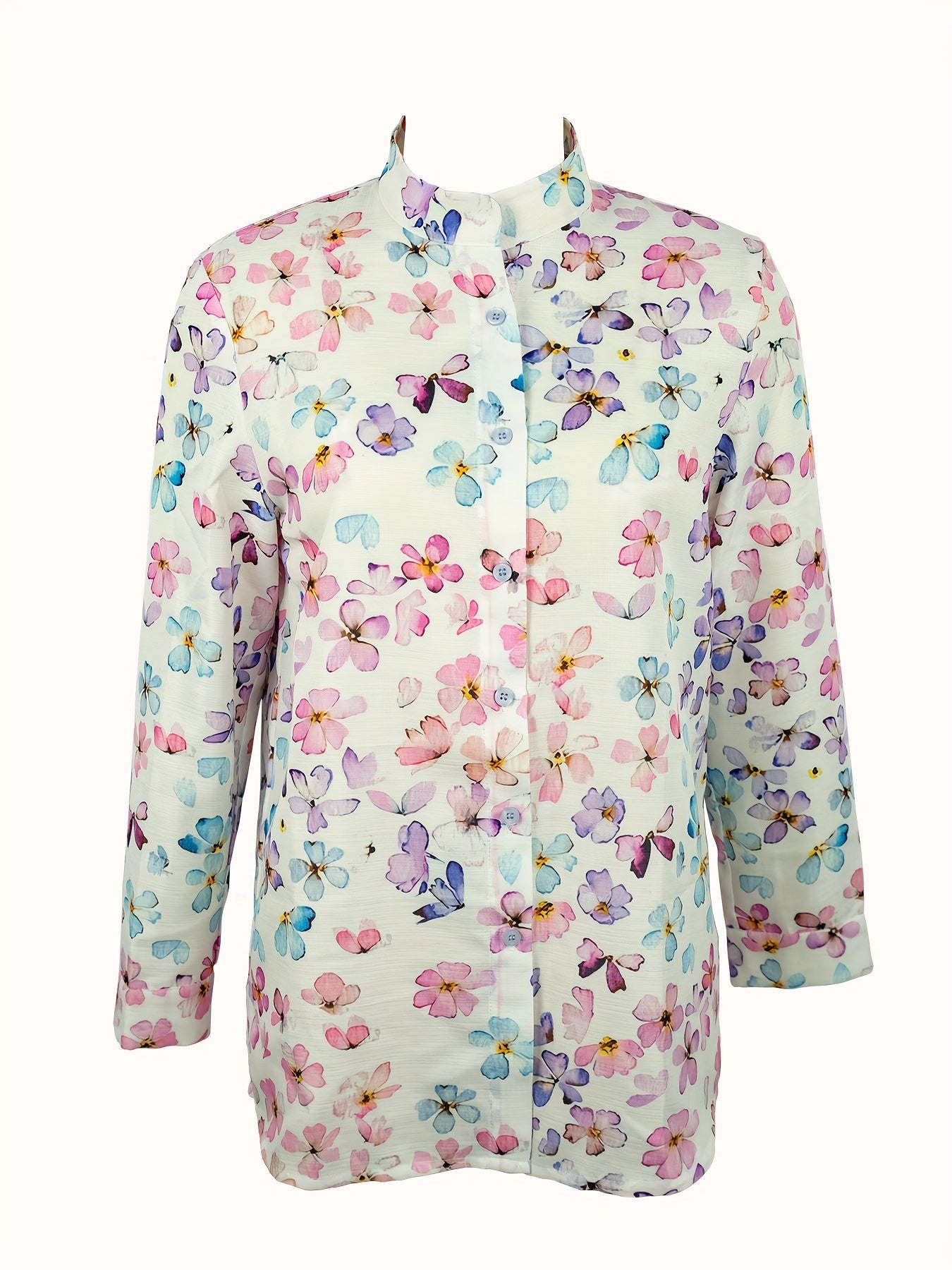 Colorful floral printed stand-up collar button long-sleeved shirt