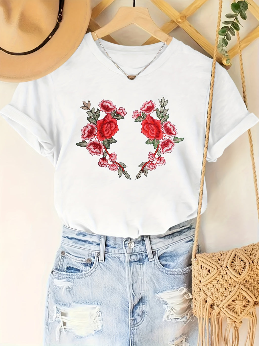 Tropical Rose Summer Short Sleeve Resort Casual Print Top T-Shirt Random shipment