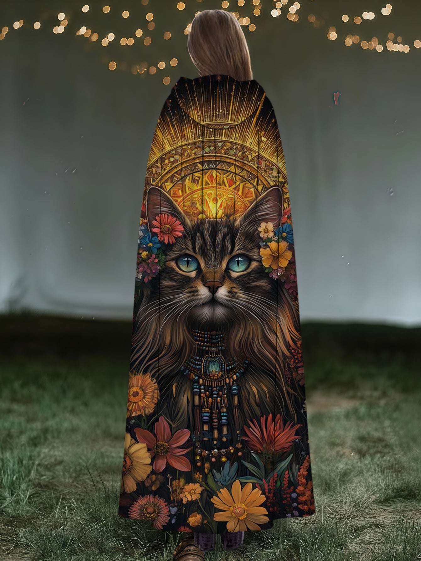Holiday-inspired Cat And Floral Print Hooded Cape