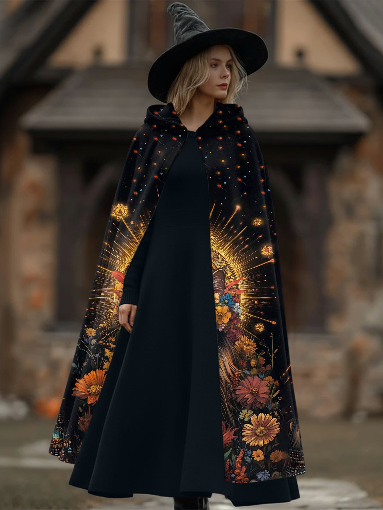 Holiday-inspired Cat And Floral Print Hooded Cape