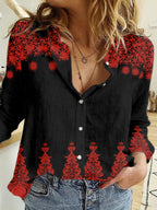 Ethnic print elegant lapel long-sleeved button-down shirt Random shipment
