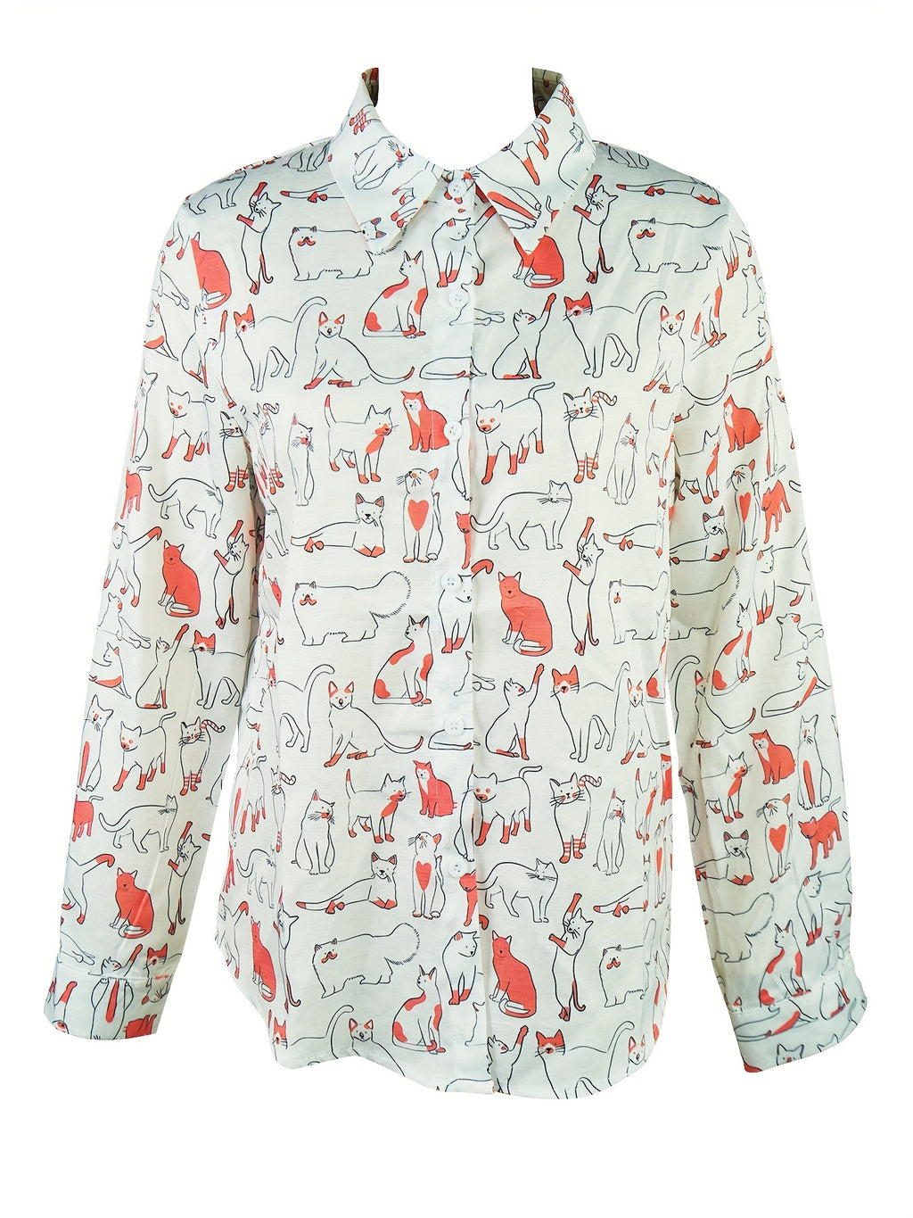 Fun little cat printed button long-sleeved casual shirt Random shipment