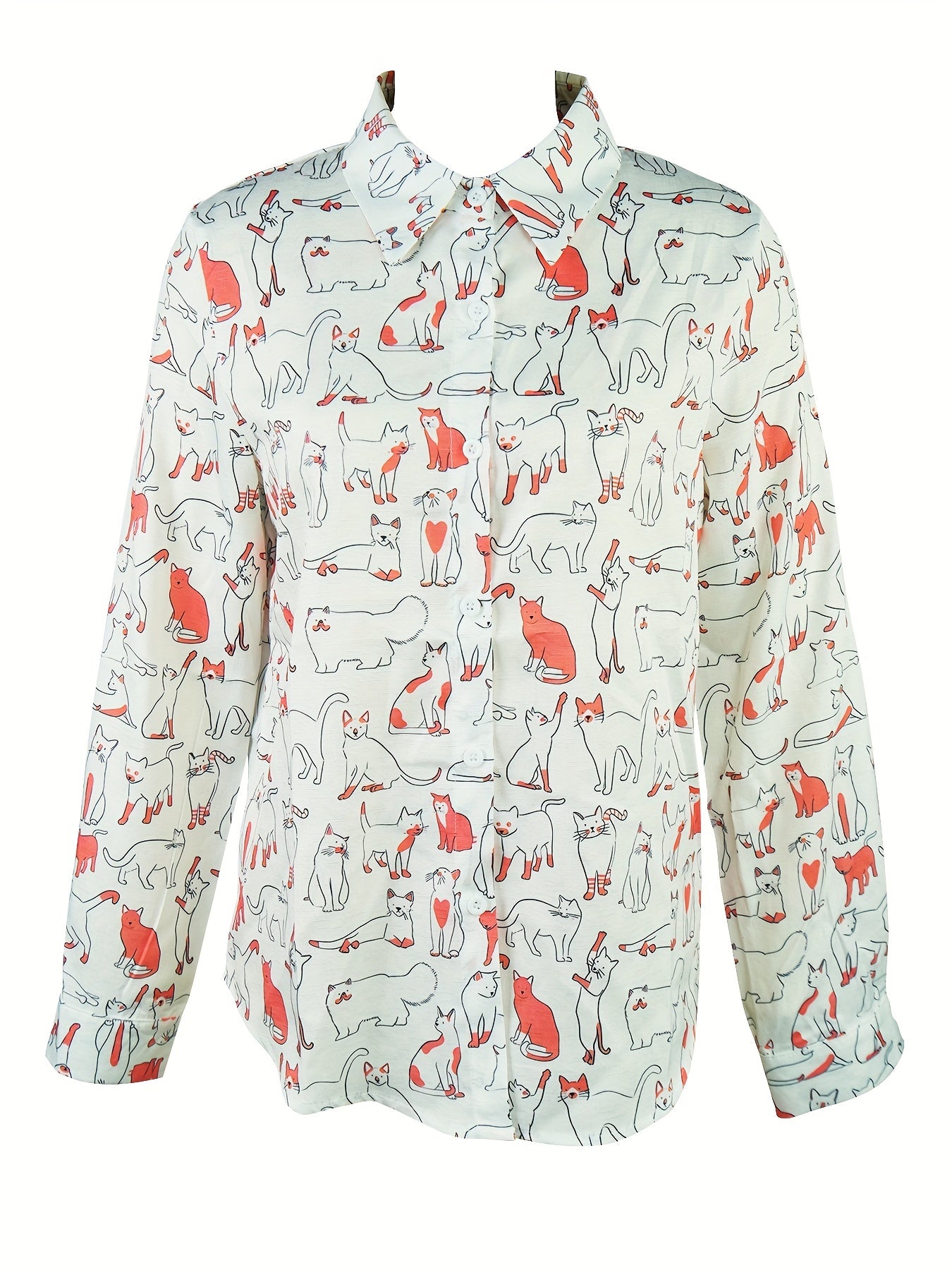 Fun little cat printed button long-sleeved casual shirt Random shipment