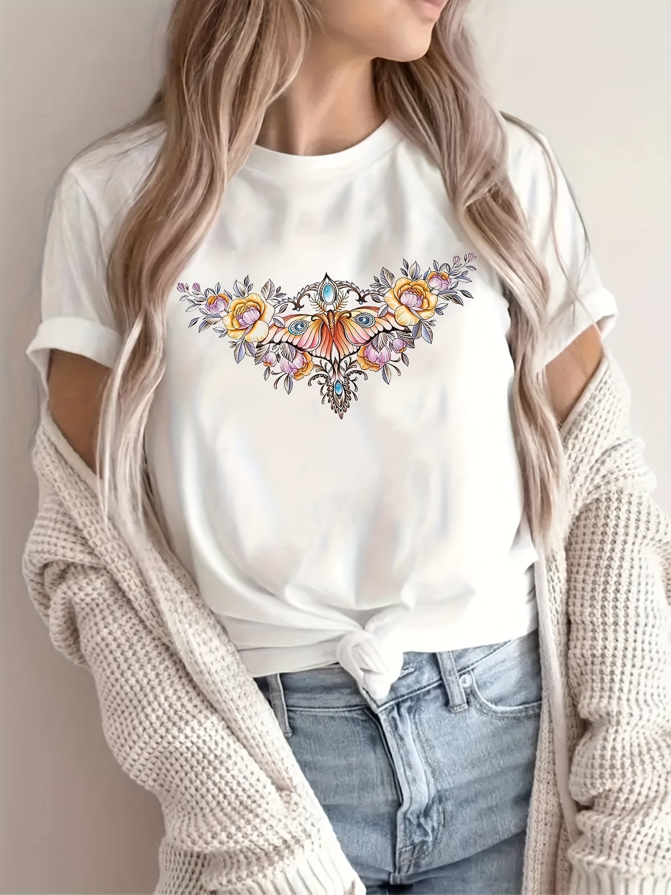 Fun letter flower print T-shirt summer short-sleeved slim top Random shipment