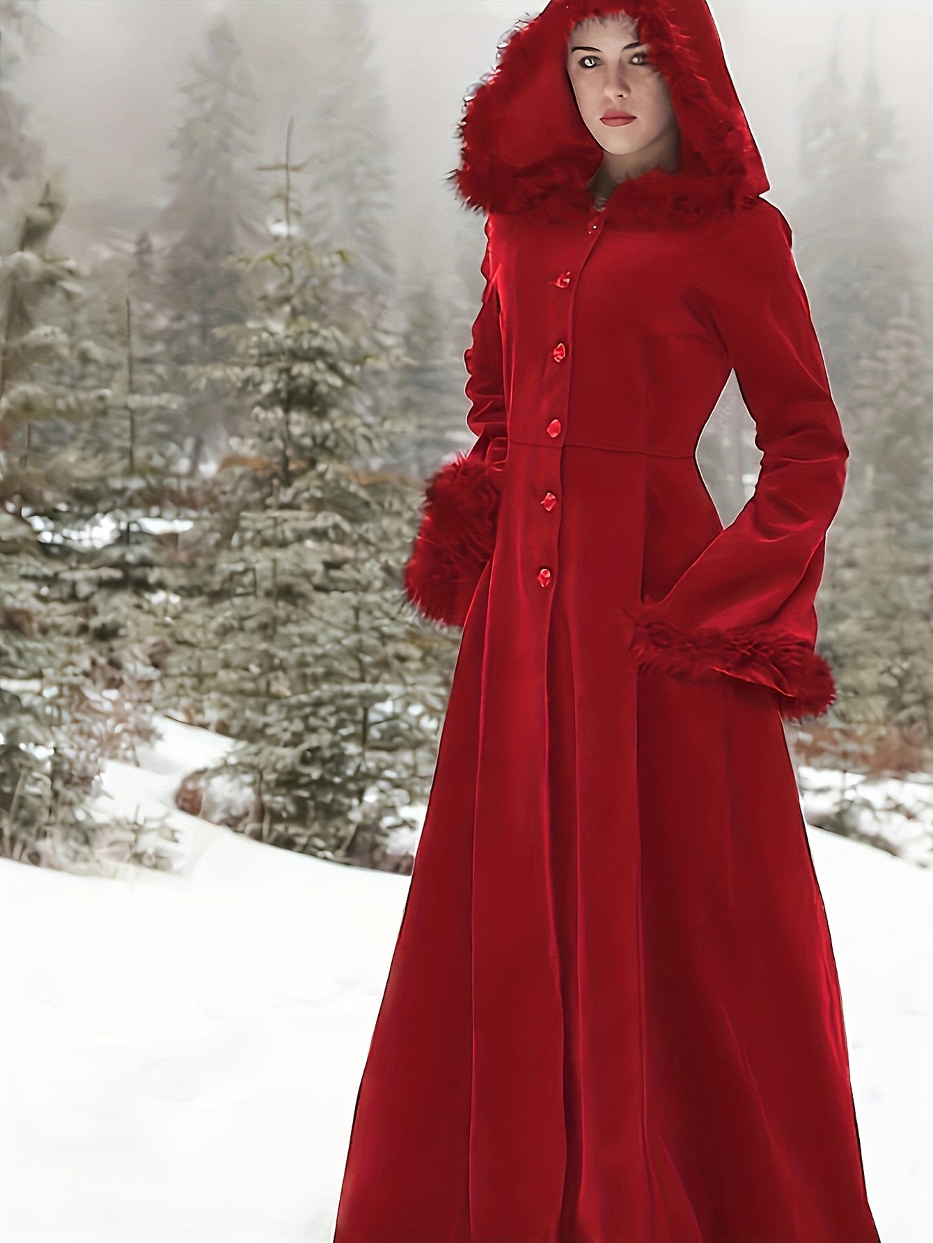 Victorian Winter Coat with Faux Fur Trim - Long Sleeve Corset-Inspired Bodice & Flared Hem Thick Warm Fabric Punk-Style Winter Outerwear