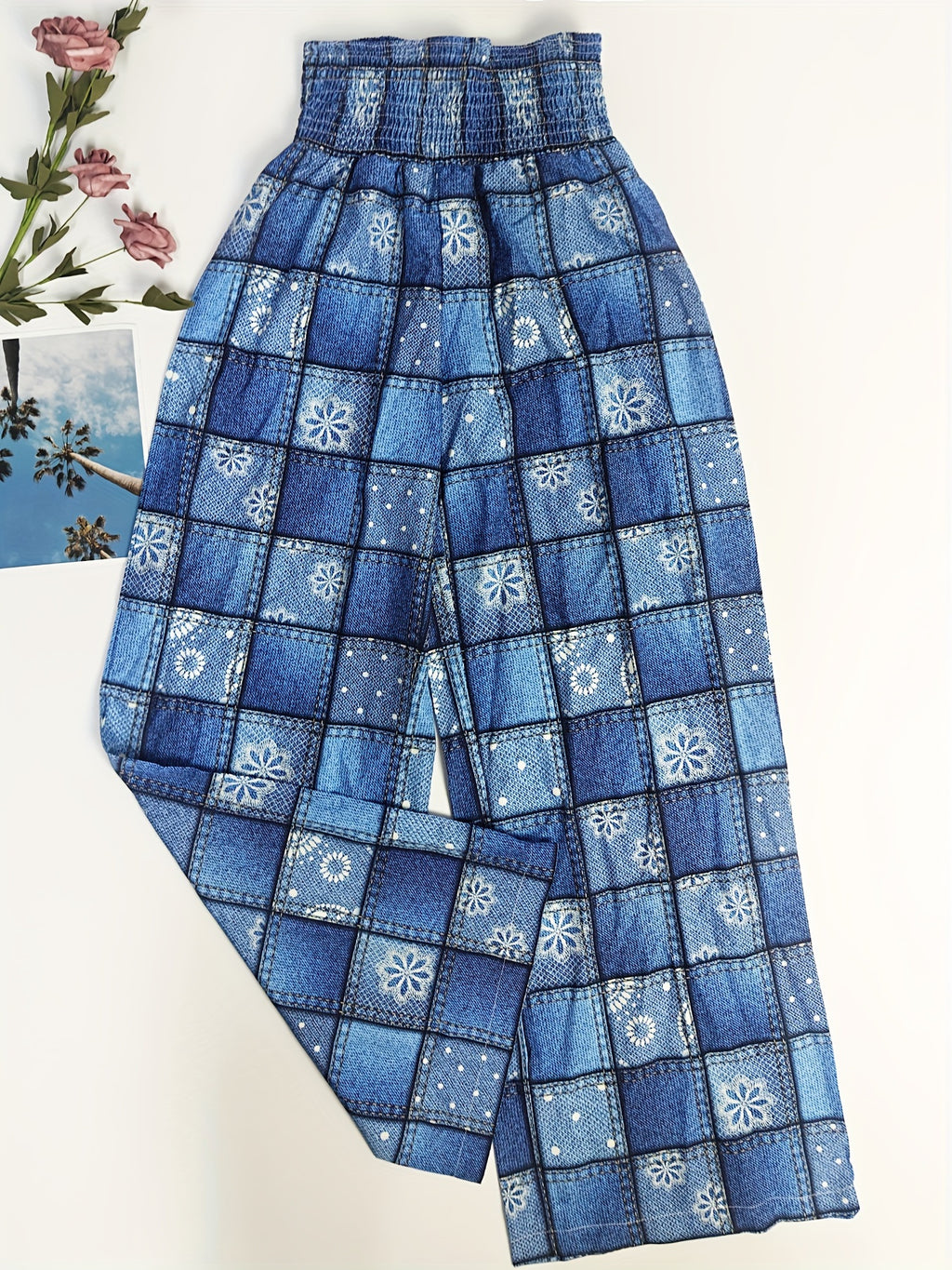 Stretched-waist checkered fabric floral printed long pants Random shipment