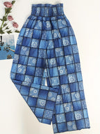 Stretched-waist checkered fabric floral printed long pants Random shipment