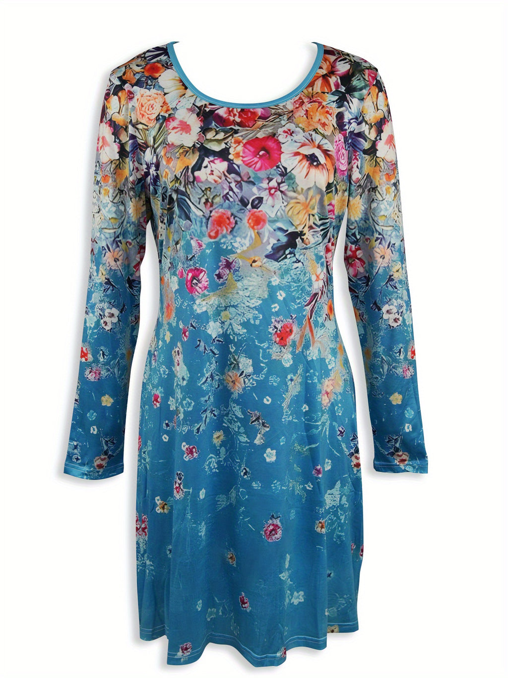 A waist-cinching A round-neck, long-sleeved floral print dress Random shipment