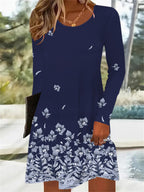 Printed waist-cinching A-line round neck floral print contrasting color long-sleeved dress Random shipment
