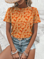 Color-blocking maple leaf print round neck short sleeve plus size T-shirt Random shipment