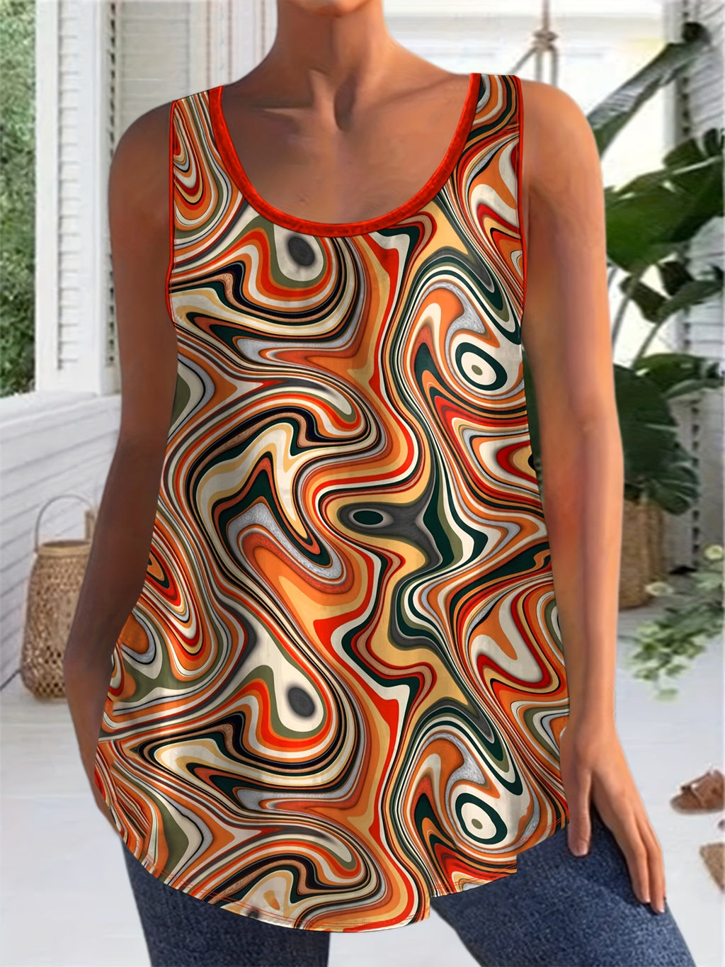 Crewneck casual geometric line rainbow print vest Random shipment