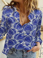 Vintage print lapels elegant long-sleeved buttoned blouse for women Random shipment