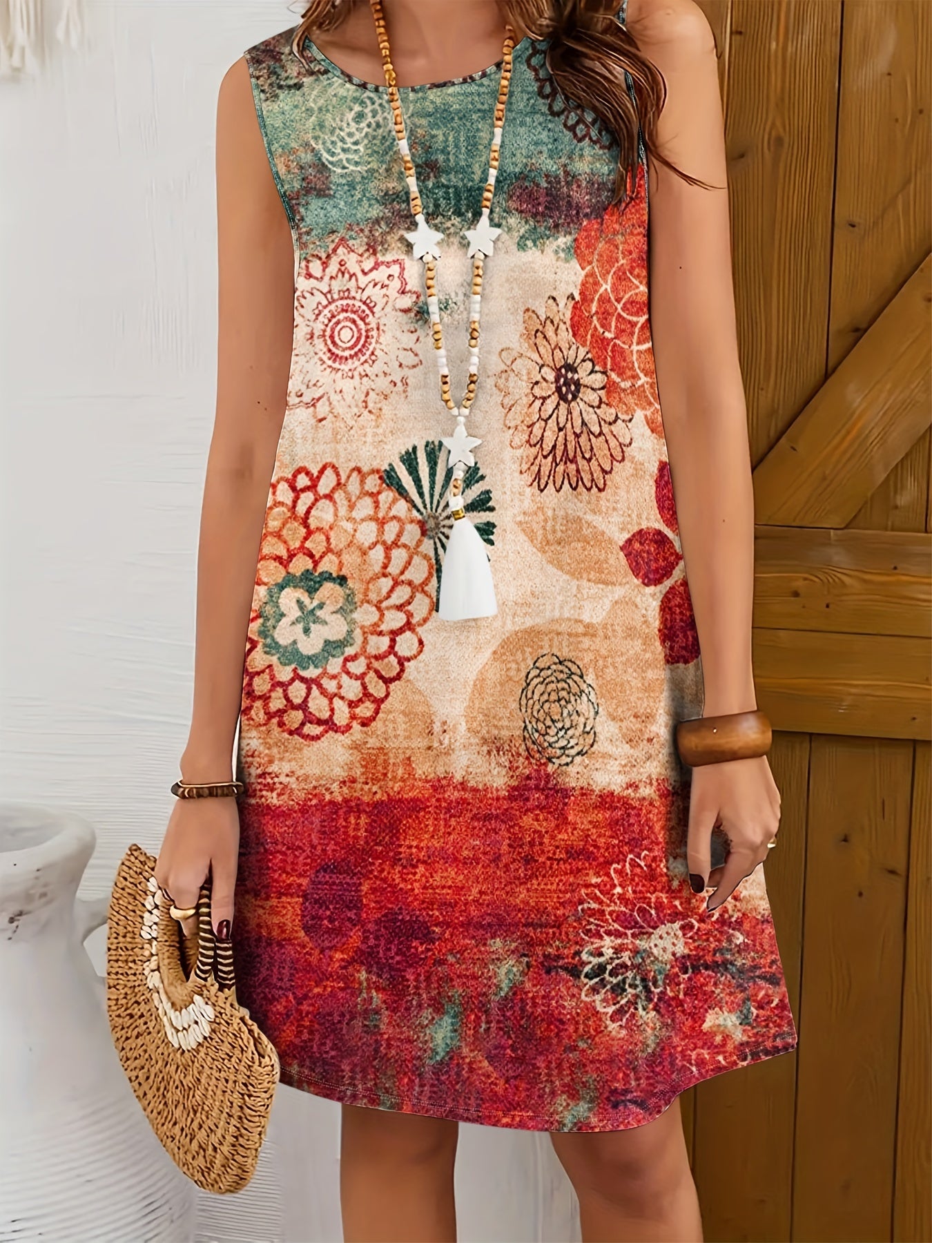 Crewneck, contrasting gradient floral, printed, A-hem loose dress Random shipment