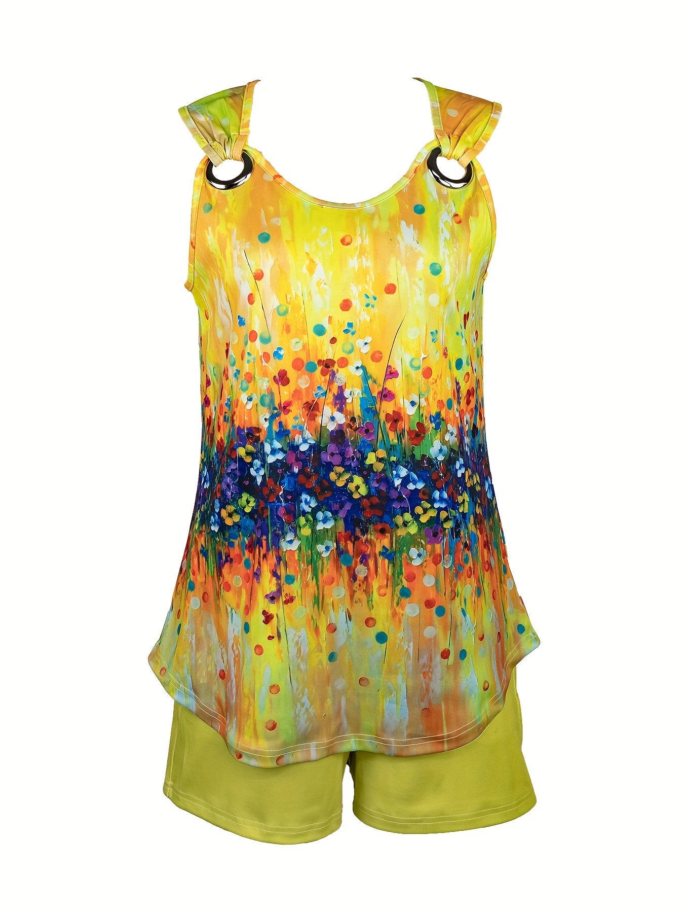 V-neck gradient printed vest and casual shorts set Random shipment