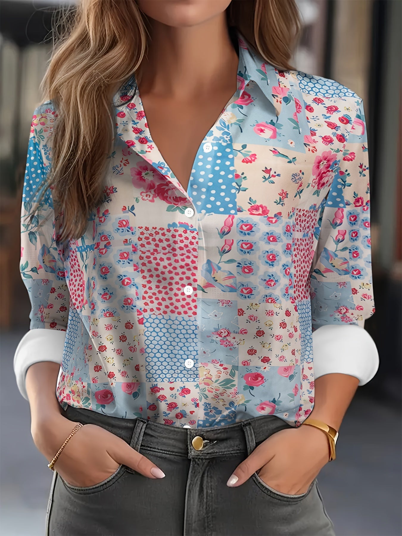 An elegant shirt with long-sleeved floral color block patchwork Random shipment
