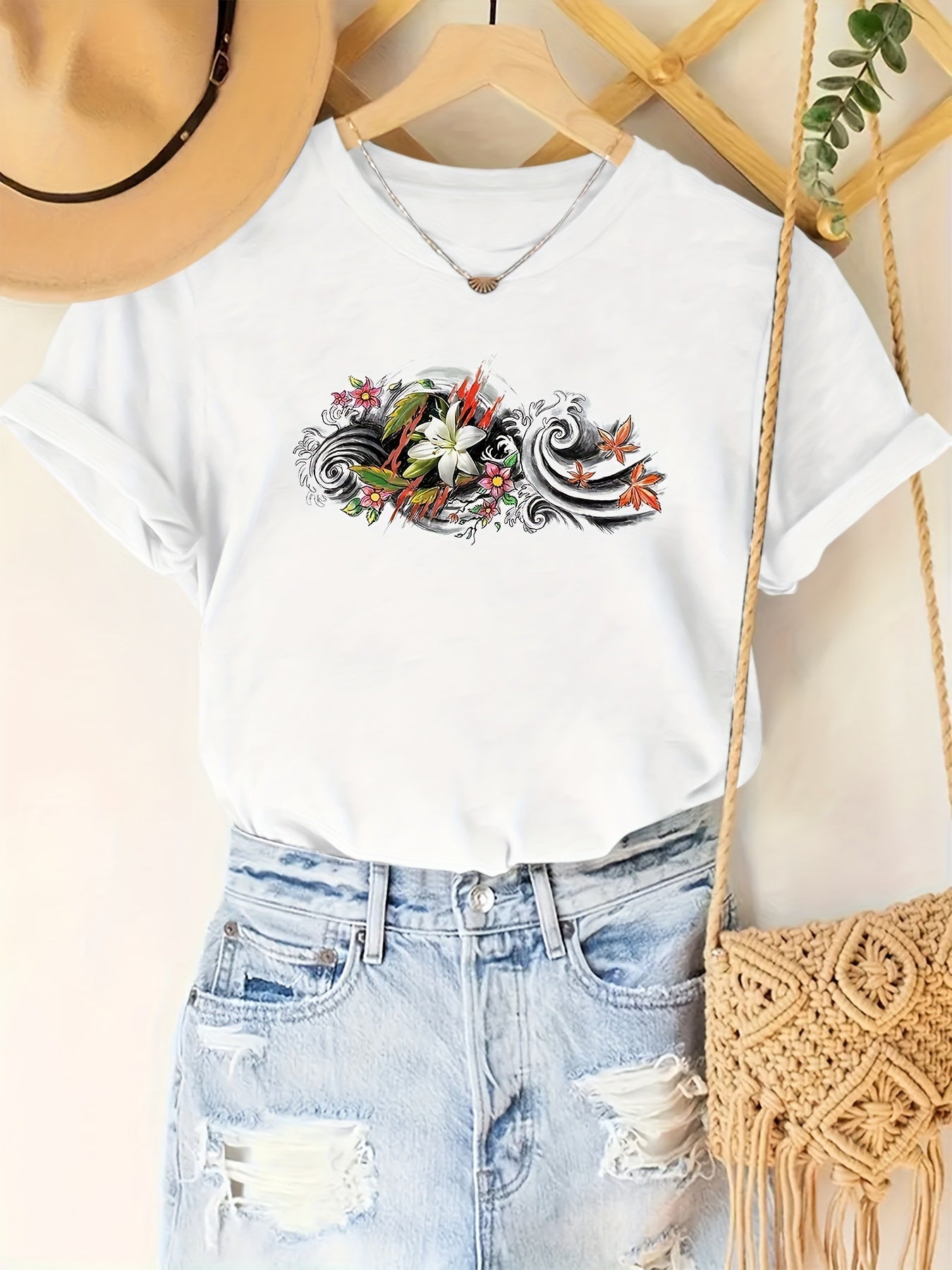 Tropical Flower Animal Totem Summer Short Sleeve Resort Casual Printed Top T-Shirt Random shipment
