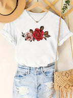 Tropical Peony Flower Summer Short Sleeve Resort Casual Printed Top T-Shirt Random shipment