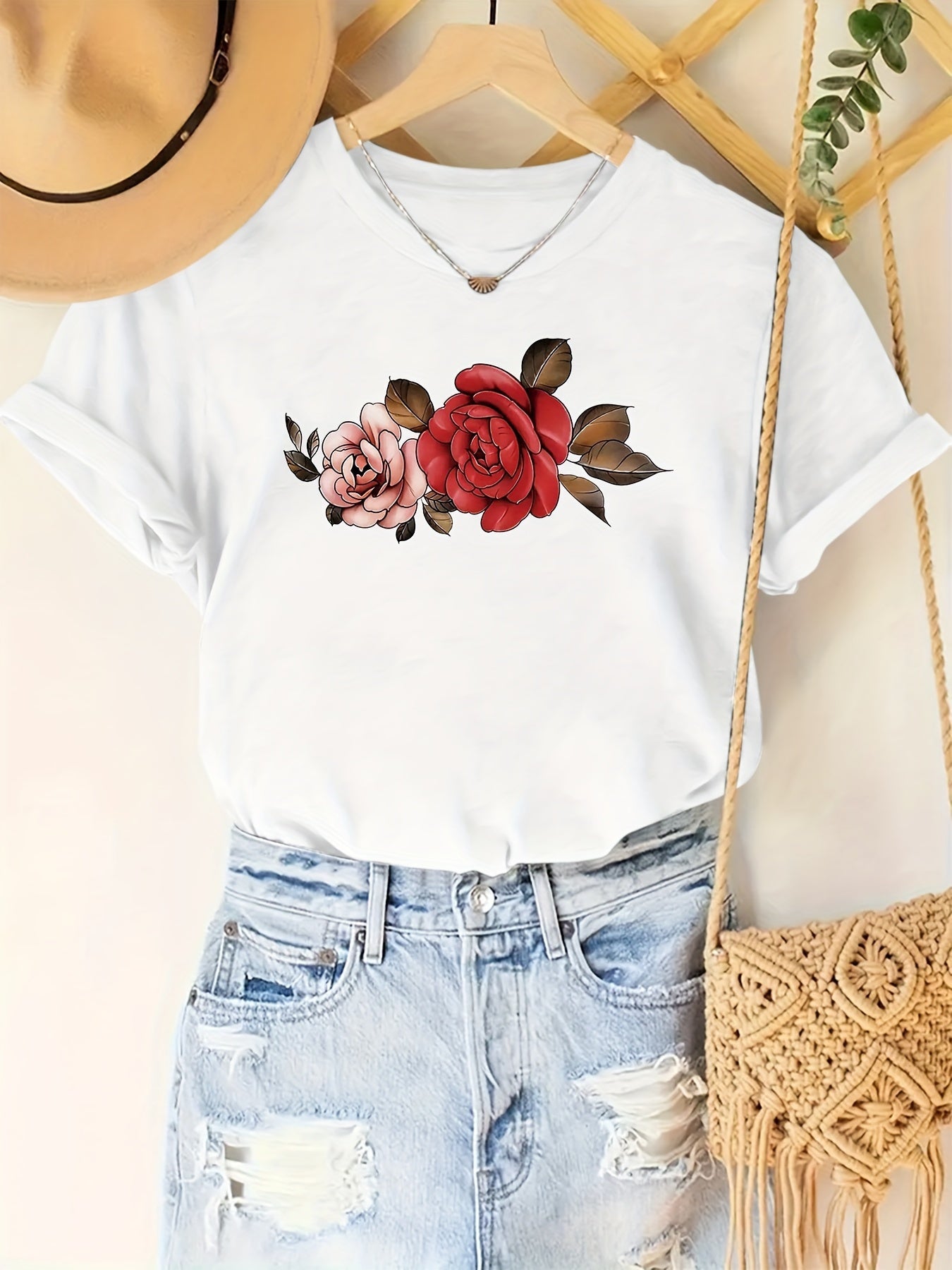 Tropical Peony Flower Summer Short Sleeve Resort Casual Printed Top T-Shirt Random shipment