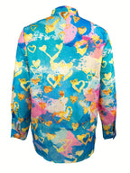 A stand-up collar, button, long-sleeved heart-shaped gradient printed elegant shirt Random shipment