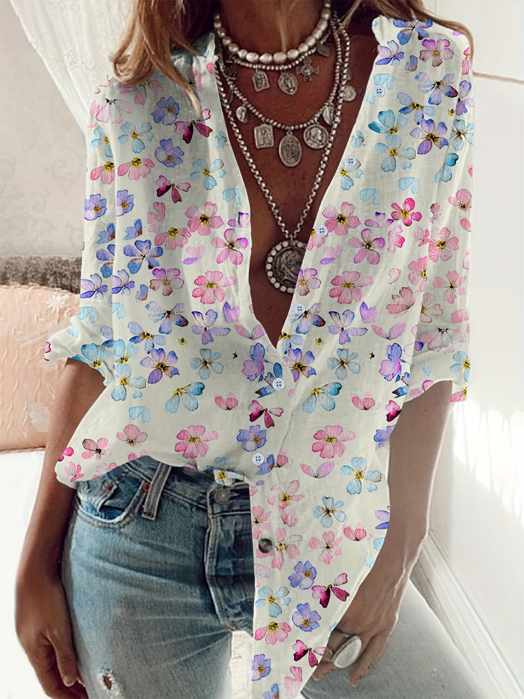 Colorful floral printed stand-up collar button long-sleeved shirt