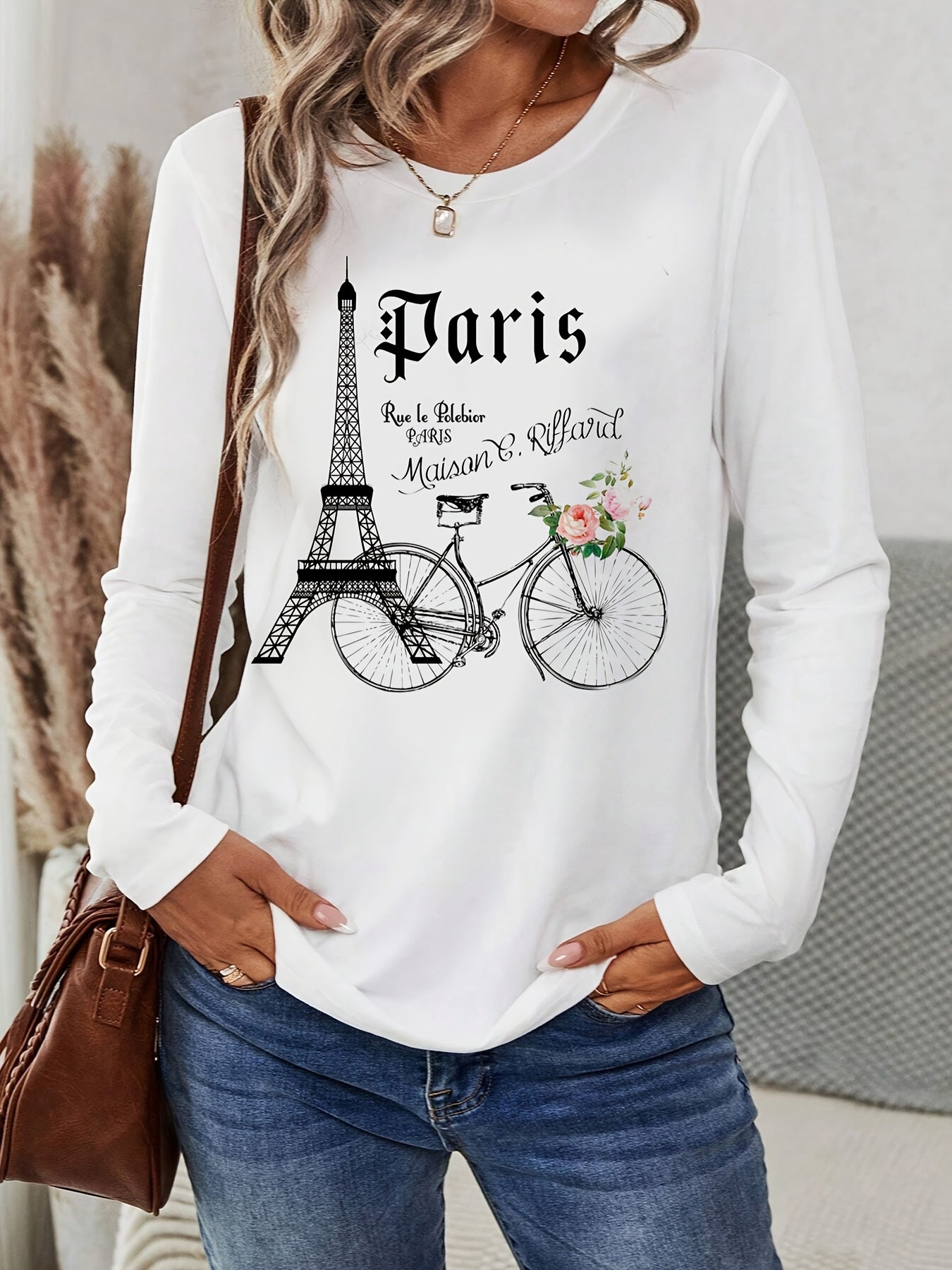 Eiffel Tower long-sleeved crewneck elegant printed T-shirt Random shipment