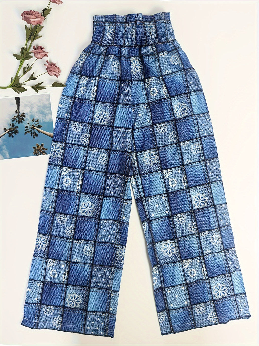 Stretched-waist checkered fabric floral printed long pants Random shipment