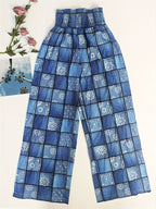 Stretched-waist checkered fabric floral printed long pants Random shipment